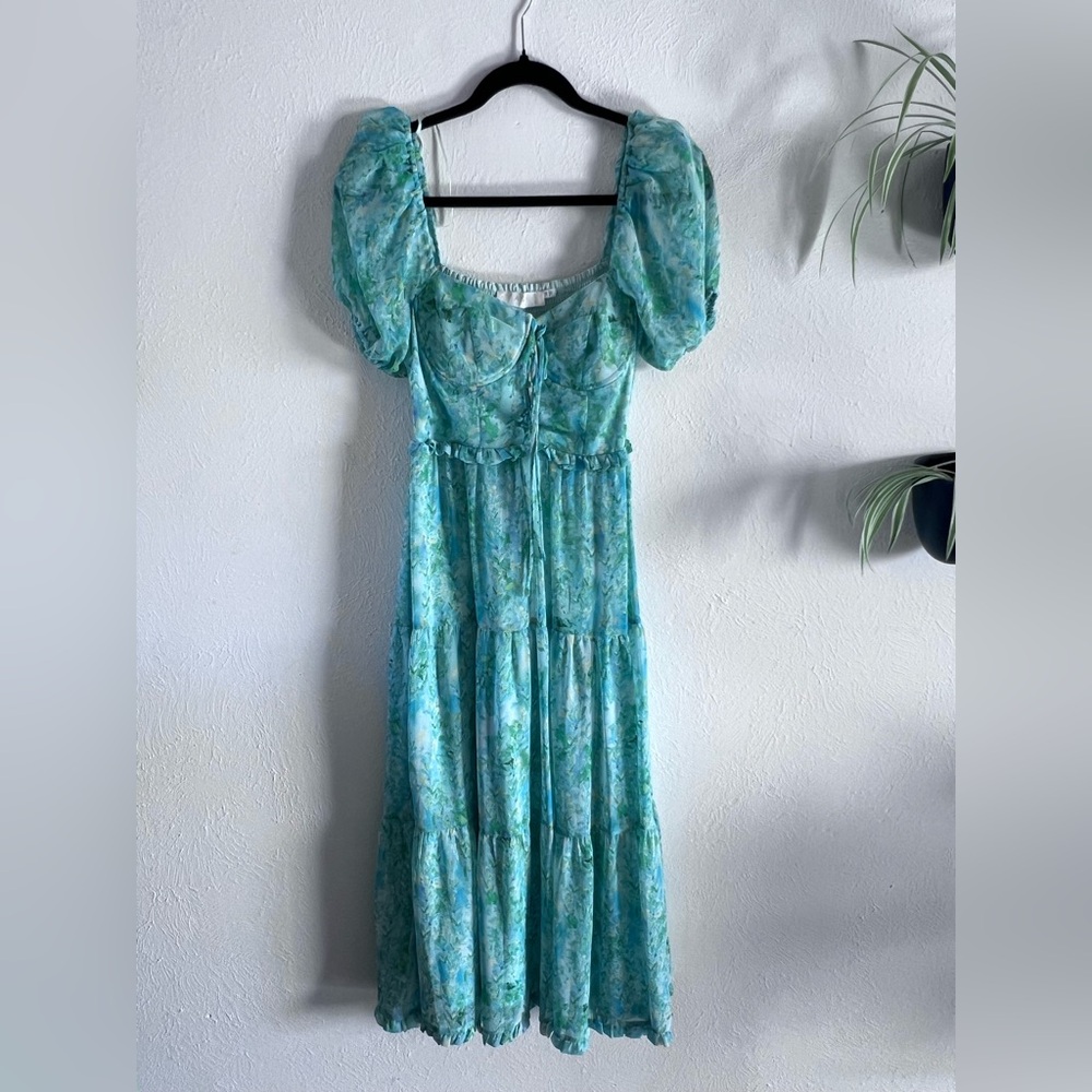 ASTR the Label Blue & Green Floral Dress with Corset Top- Size XS